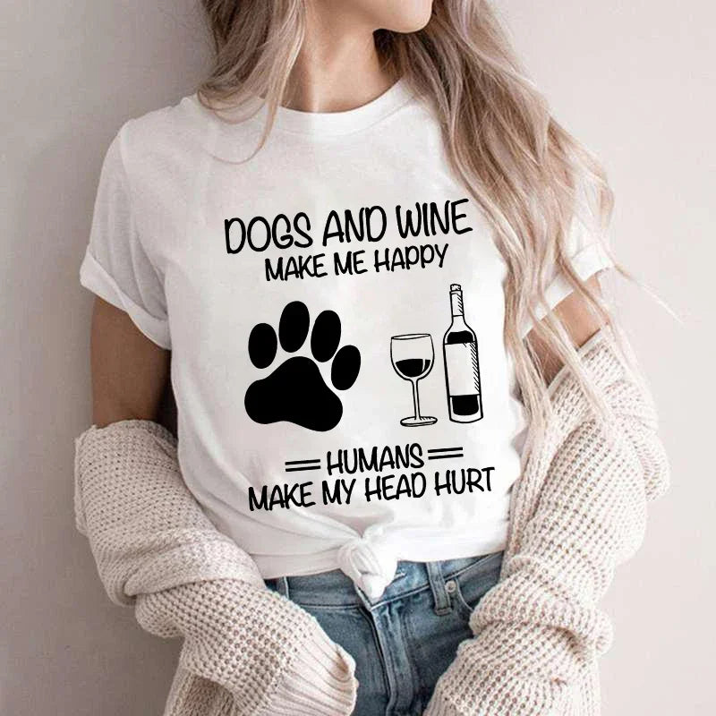 Women Dog Mom Print T Shirt Dog Mom Shirt Wine Lover Tshirt Dogs and Wine Shirt Graphic Girls Clothes Causal Female Y2K Tops Tee