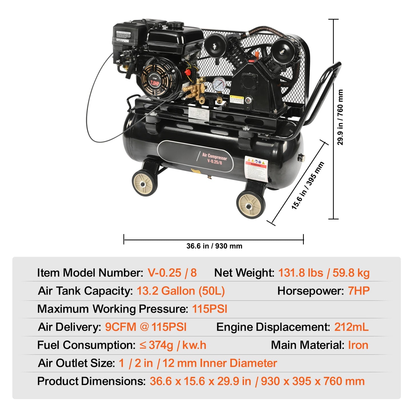 SucceBuy 7HP/15HP Gas Power Air Compressor 10/20/30 Gallon Air Compressor Tank 115PSI Max Pressure for Construction Workshop