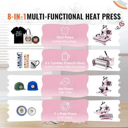 SucceBuy Heat Press Machine 12x15 inch 8 in 1 Heat Transfer Machine 360° Swing Away T-Shirt for T-Shirts/Mugs/Hats/Plates Pink