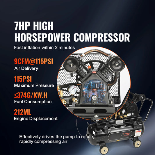 SucceBuy 7HP/15HP Gas Power Air Compressor 10/20/30 Gallon Air Compressor Tank 115PSI Max Pressure for Construction Workshop