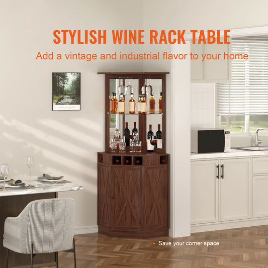 SucceBuy Corner Industrial Bar Cabinet Wine Table for Liquor & Glasses Sideboard Buffet Cabinet with Glass Holder Black Walnut
