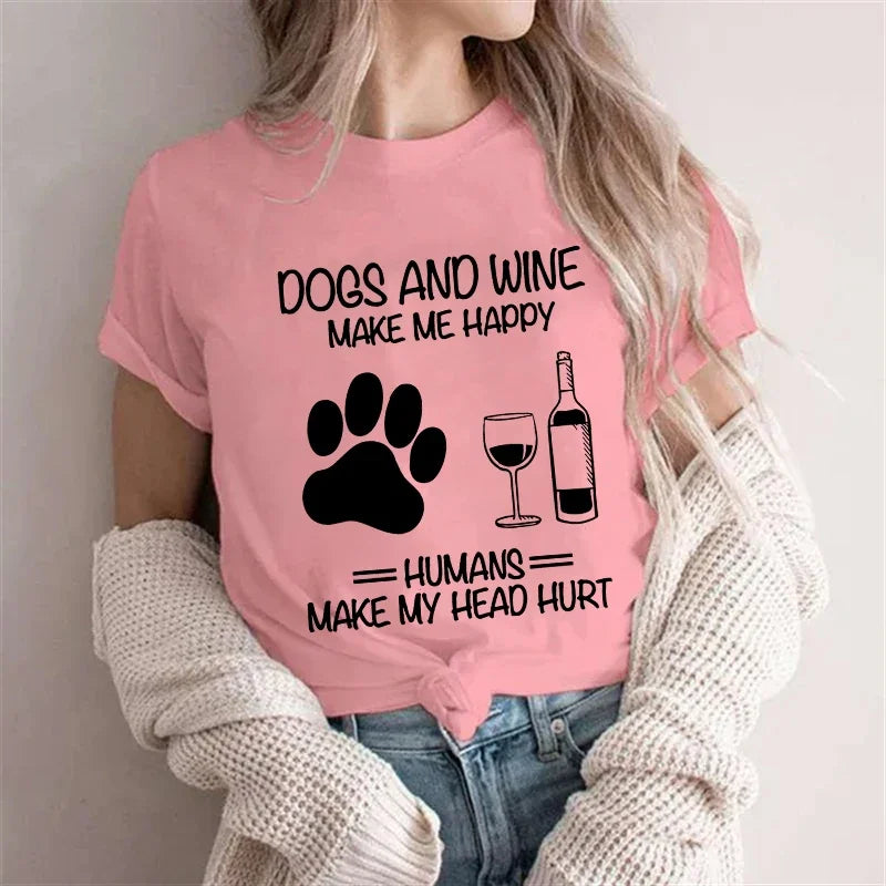 Women Dog Mom Print T Shirt Dog Mom Shirt Wine Lover Tshirt Dogs and Wine Shirt Graphic Girls Clothes Causal Female Y2K Tops Tee