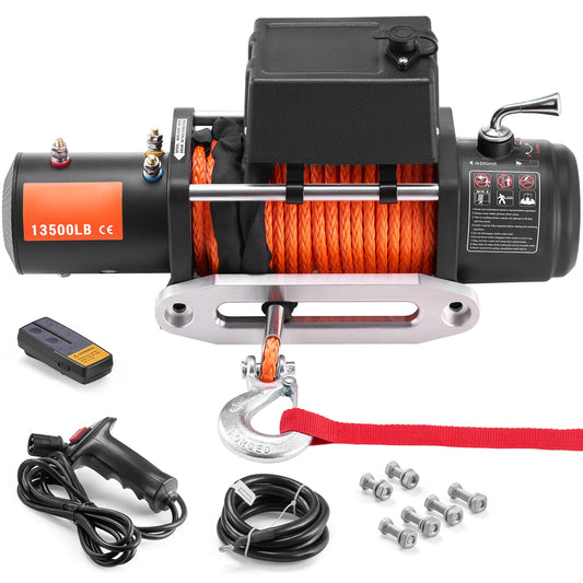 SucceBuy 13500lbs Electric Winch Car Truck Winch with 80ft Synthetic Rope Wireless & Wired Remote Control for Towing Off-Road