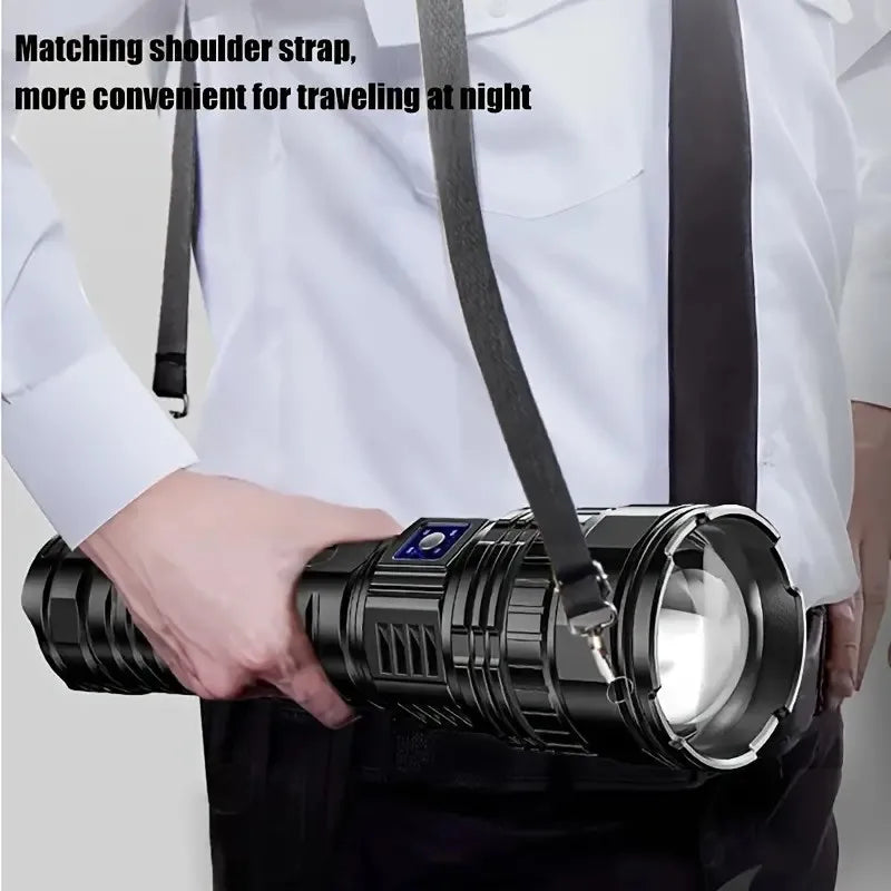 Super Bright LED Handheld Outdoor Flashlight, Adjustable Zoom, USB Rechargeable and dischargeable with Type-C Interface 1800mah