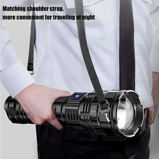 Super Bright LED Handheld Outdoor Flashlight, Adjustable Zoom, USB Rechargeable and dischargeable with Type-C Interface 1800mah