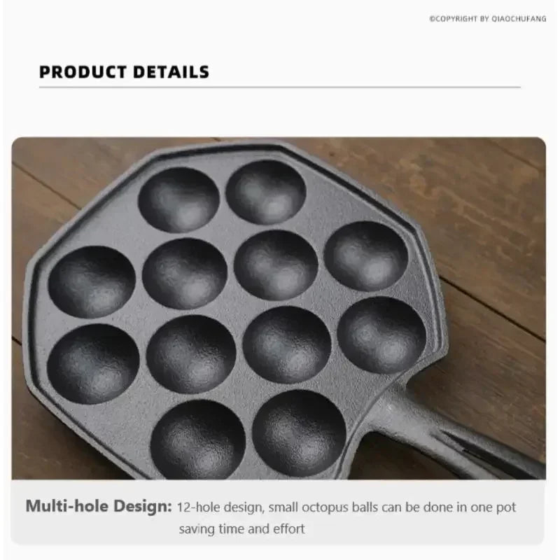 12 Hole Takoyaki Pan Wooden Handle Octopus Balls Fry Pan Cast Iron Mold Household Non-Stick Frying Pan Cookware Cooking Tool