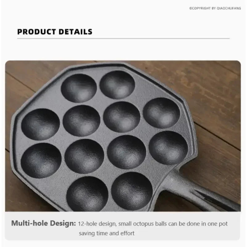 12 Hole Takoyaki Pan Wooden Handle Octopus Balls Fry Pan Cast Iron Mold Household Non-Stick Frying Pan Cookware Cooking Tool
