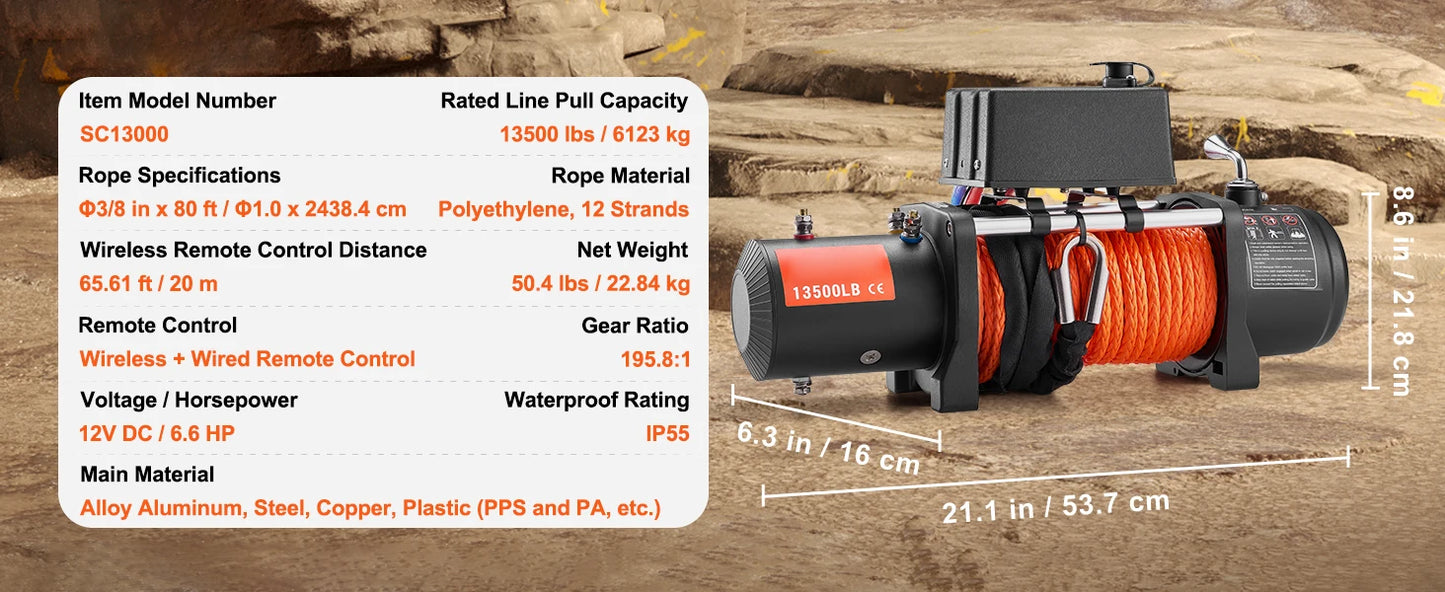 SucceBuy 13500lbs Electric Winch Car Truck Winch with 80ft Synthetic Rope Wireless & Wired Remote Control for Towing Off-Road