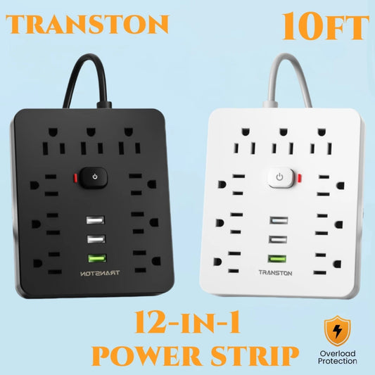 TRANSTON Power Outlet with Surge Protector, 9 power strip   3 USB Ports, 10ft Extension Cord, Quick Charge, For Home and Offic