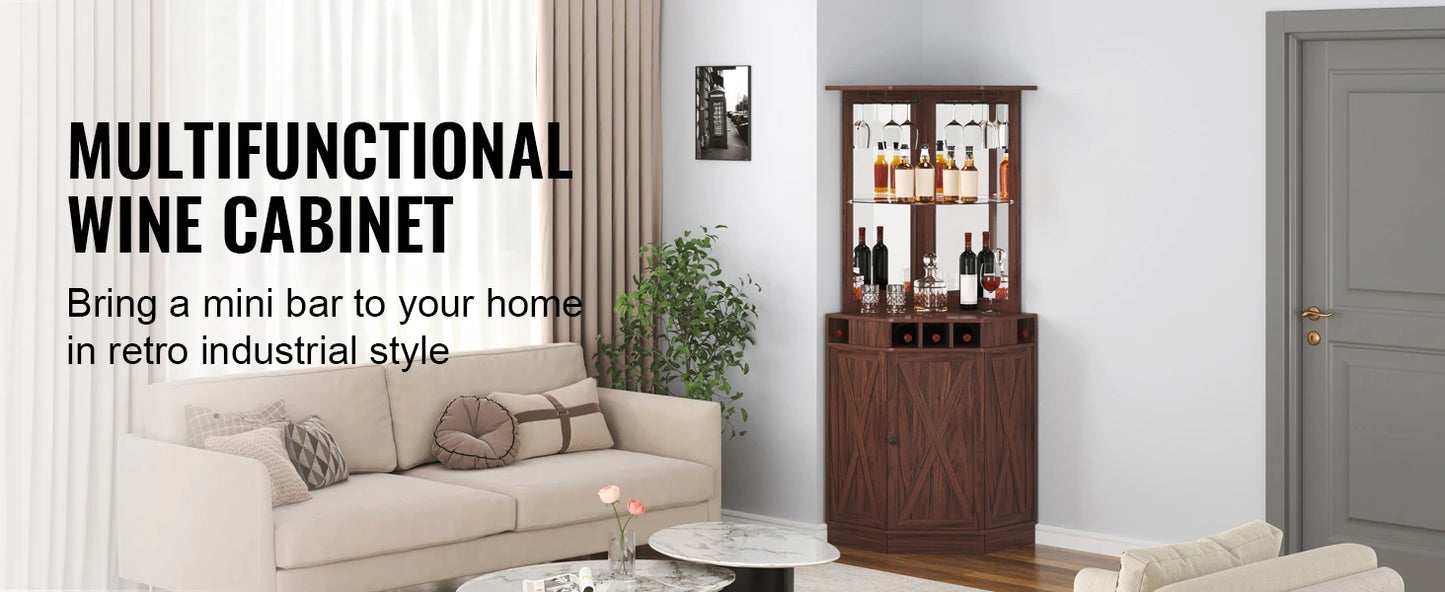 SucceBuy Corner Industrial Bar Cabinet Wine Table for Liquor & Glasses Sideboard Buffet Cabinet with Glass Holder Black Walnut