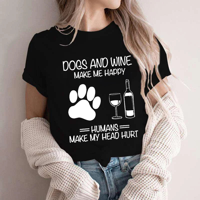 Women Dog Mom Print T Shirt Dog Mom Shirt Wine Lover Tshirt Dogs and Wine Shirt Graphic Girls Clothes Causal Female Y2K Tops Tee