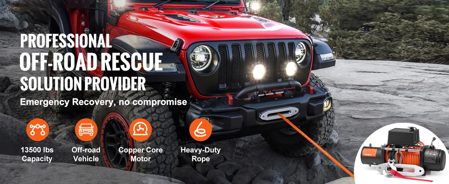 SucceBuy 13500lbs Electric Winch Car Truck Winch with 80ft Synthetic Rope Wireless & Wired Remote Control for Towing Off-Road