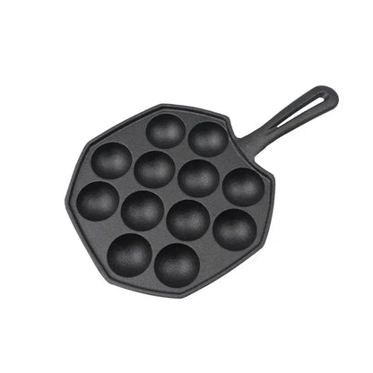 12 Hole Takoyaki Pan Wooden Handle Octopus Balls Fry Pan Cast Iron Mold Household Non-Stick Frying Pan Cookware Cooking Tool