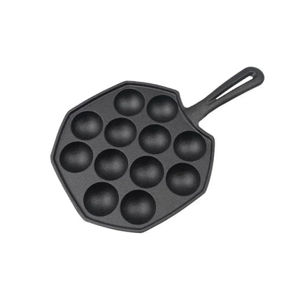 12 Hole Takoyaki Pan Wooden Handle Octopus Balls Fry Pan Cast Iron Mold Household Non-Stick Frying Pan Cookware Cooking Tool