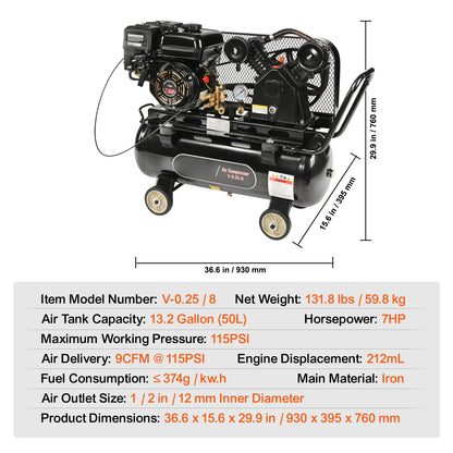 SucceBuy 7HP/15HP Gas Power Air Compressor 10/20/30 Gallon Air Compressor Tank 115PSI Max Pressure for Construction Workshop