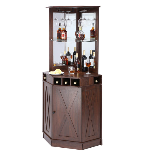 SucceBuy Corner Industrial Bar Cabinet Wine Table for Liquor & Glasses Sideboard Buffet Cabinet with Glass Holder Black Walnut