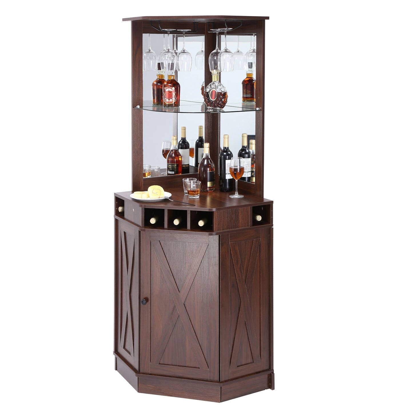 SucceBuy Corner Industrial Bar Cabinet Wine Table for Liquor & Glasses Sideboard Buffet Cabinet with Glass Holder Black Walnut
