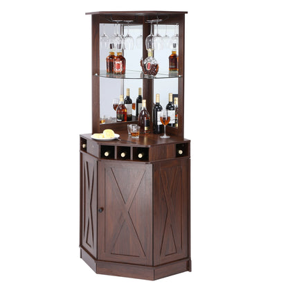 SucceBuy Corner Industrial Bar Cabinet Wine Table for Liquor & Glasses Sideboard Buffet Cabinet with Glass Holder Black Walnut