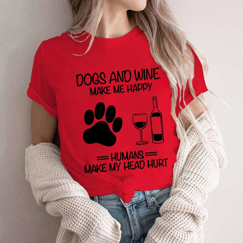Women Dog Mom Print T Shirt Dog Mom Shirt Wine Lover Tshirt Dogs and Wine Shirt Graphic Girls Clothes Causal Female Y2K Tops Tee