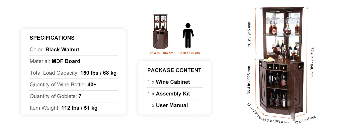 SucceBuy Corner Industrial Bar Cabinet Wine Table for Liquor & Glasses Sideboard Buffet Cabinet with Glass Holder Black Walnut