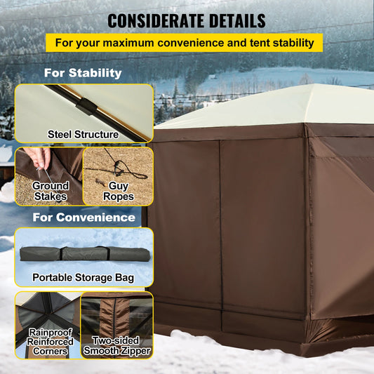 SucceBuy Pop-up Camping Gazebo Camping Canopy Shelter 6 Sided 12' x 12' / 10' x 10' Sun Shade Tents & Canopies Camping & Hiking