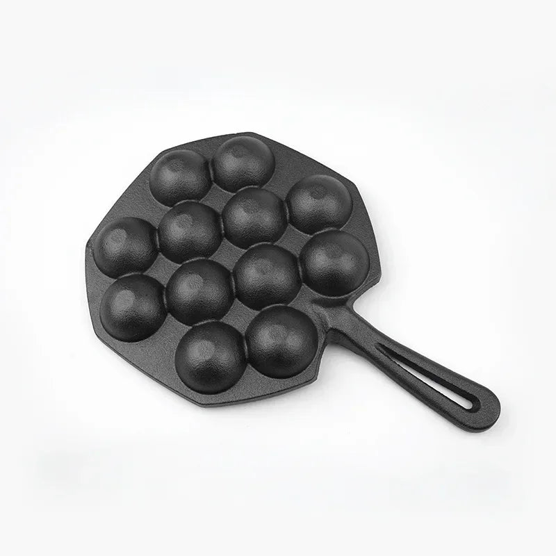 12 Hole Takoyaki Pan Wooden Handle Octopus Balls Fry Pan Cast Iron Mold Household Non-Stick Frying Pan Cookware Cooking Tool