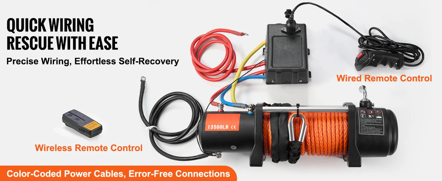 SucceBuy 13500lbs Electric Winch Car Truck Winch with 80ft Synthetic Rope Wireless & Wired Remote Control for Towing Off-Road