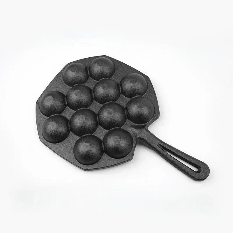 12 Hole Takoyaki Pan Wooden Handle Octopus Balls Fry Pan Cast Iron Mold Household Non-Stick Frying Pan Cookware Cooking Tool