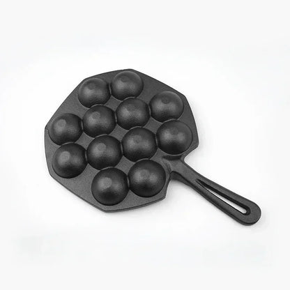 12 Hole Takoyaki Pan Wooden Handle Octopus Balls Fry Pan Cast Iron Mold Household Non-Stick Frying Pan Cookware Cooking Tool