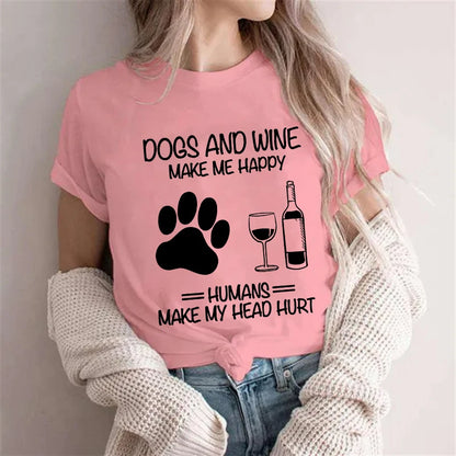 Women Dog Mom Print T Shirt Dog Mom Shirt Wine Lover Tshirt Dogs and Wine Shirt Graphic Girls Clothes Causal Female Y2K Tops Tee
