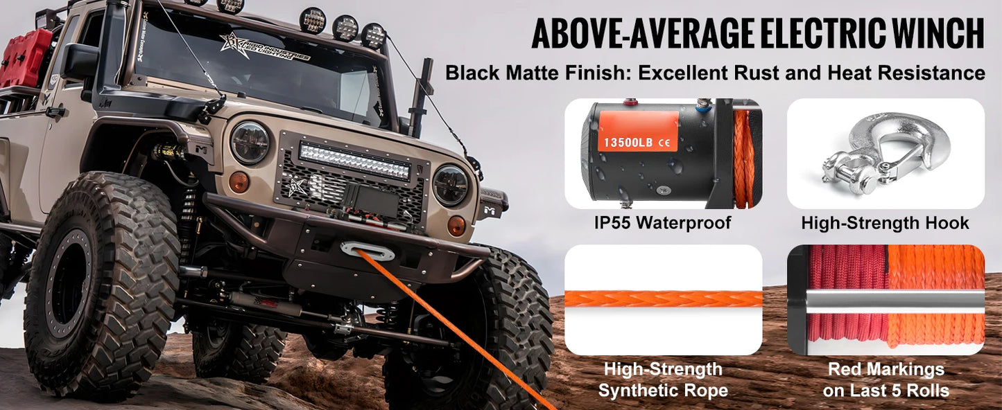 SucceBuy 13500lbs Electric Winch Car Truck Winch with 80ft Synthetic Rope Wireless & Wired Remote Control for Towing Off-Road