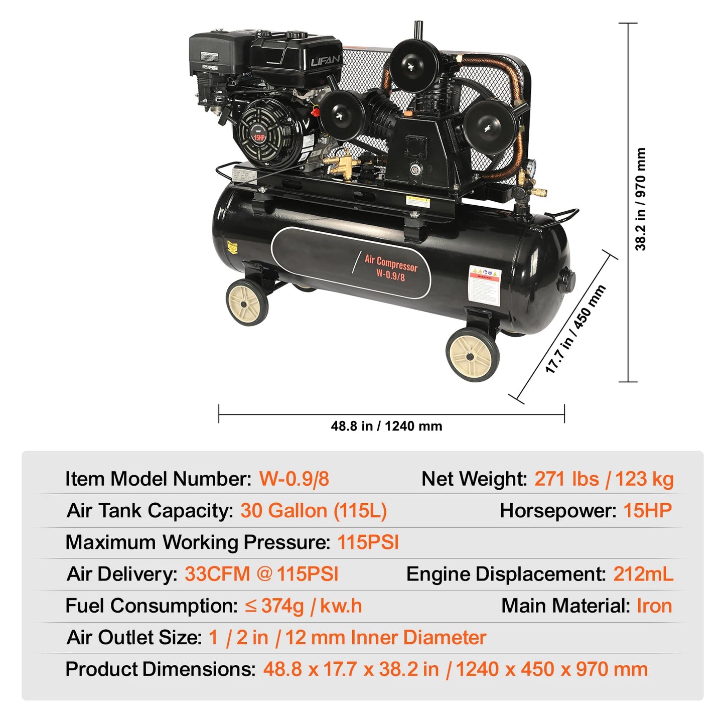 SucceBuy 7HP/15HP Gas Power Air Compressor 10/20/30 Gallon Air Compressor Tank 115PSI Max Pressure for Construction Workshop