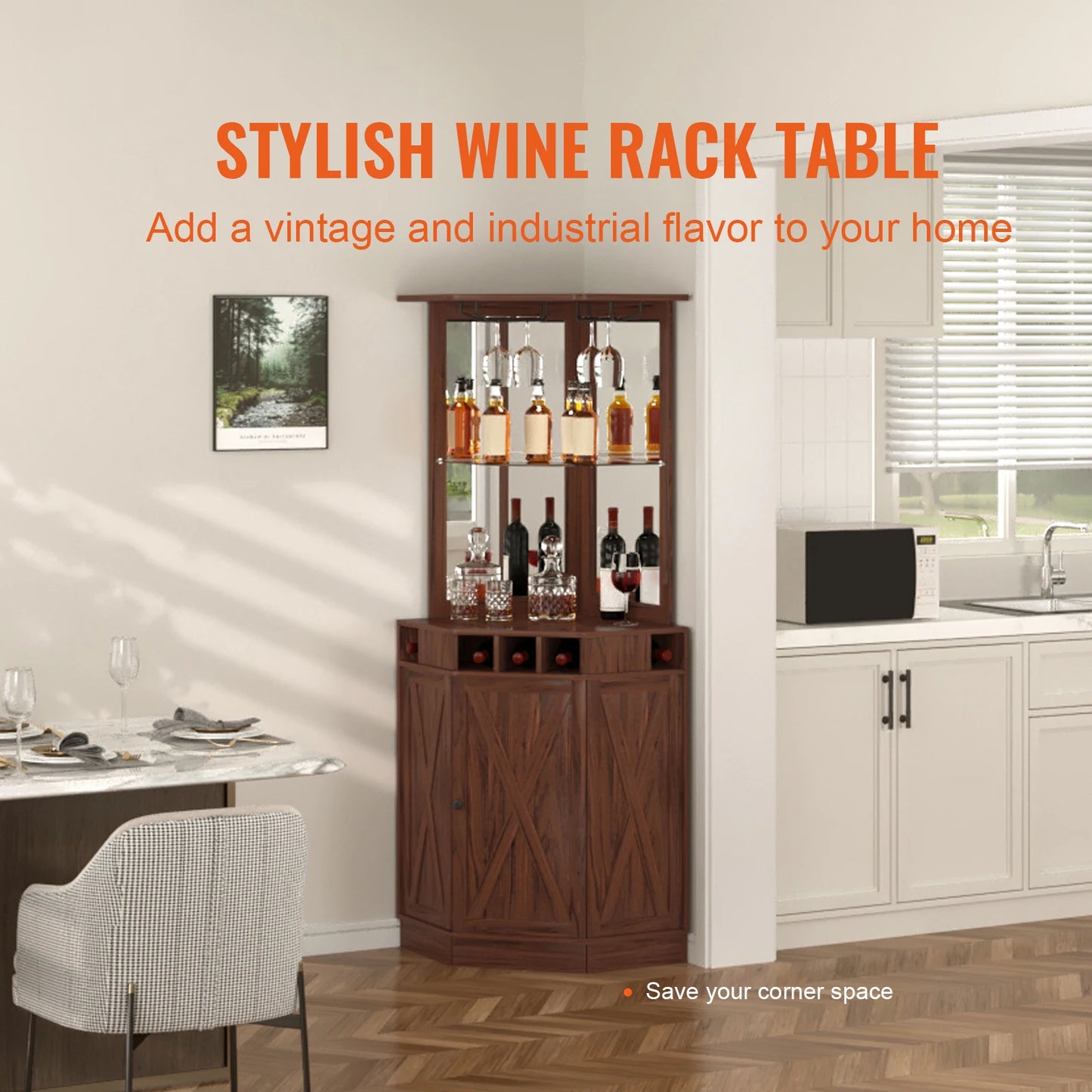 SucceBuy Corner Industrial Bar Cabinet Wine Table for Liquor & Glasses Sideboard Buffet Cabinet with Glass Holder Black Walnut