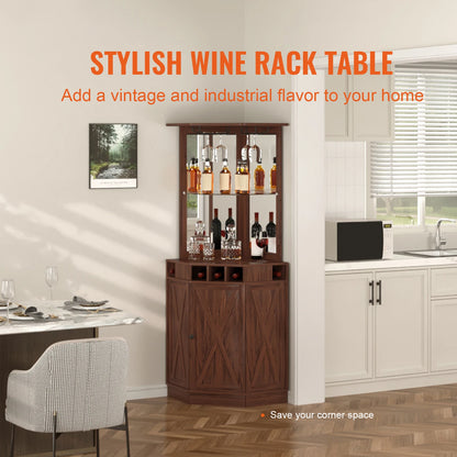 SucceBuy Corner Industrial Bar Cabinet Wine Table for Liquor & Glasses Sideboard Buffet Cabinet with Glass Holder Black Walnut