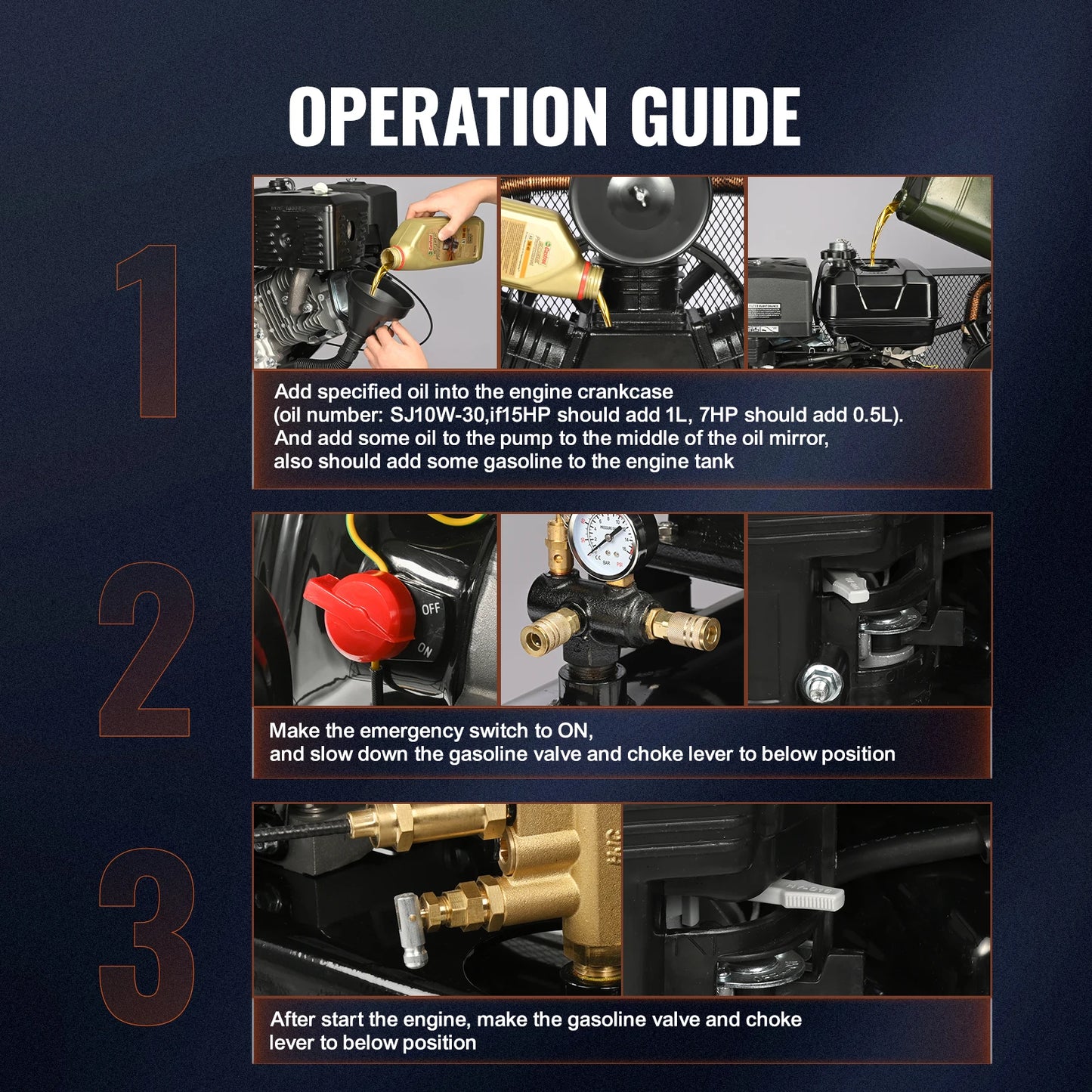 SucceBuy 7HP/15HP Gas Power Air Compressor 10/20/30 Gallon Air Compressor Tank 115PSI Max Pressure for Construction Workshop