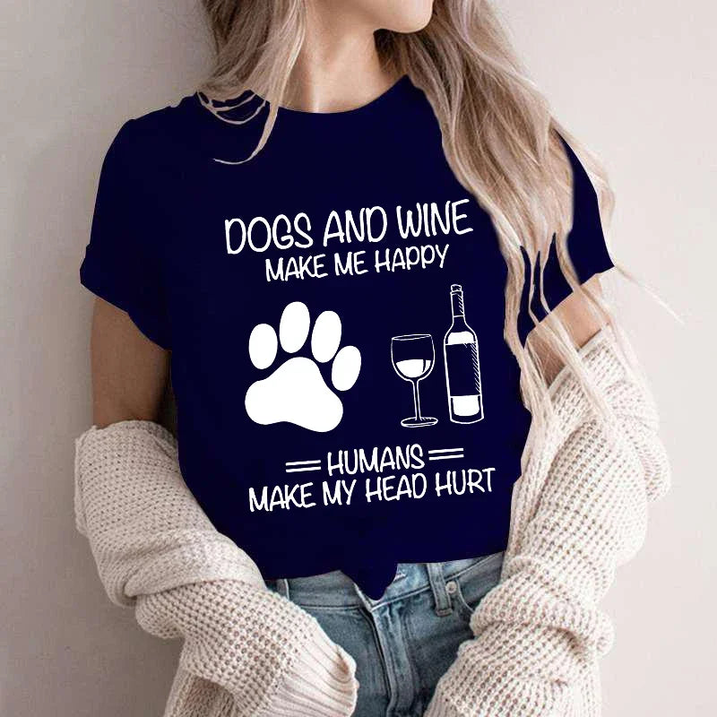 Women Dog Mom Print T Shirt Dog Mom Shirt Wine Lover Tshirt Dogs and Wine Shirt Graphic Girls Clothes Causal Female Y2K Tops Tee