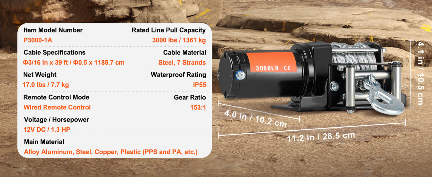 SucceBuy 3000lbs ATV/UTV Electric Winch 12V DC Steel Rope Winch with  39ft Cable Roller Wired Remote Control for Towing Off-Road