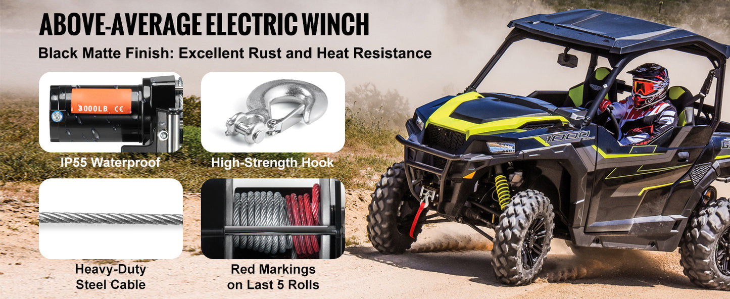SucceBuy 3000lbs ATV/UTV Electric Winch 12V DC Steel Rope Winch with  39ft Cable Roller Wired Remote Control for Towing Off-Road