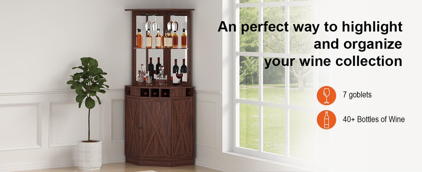 SucceBuy Corner Industrial Bar Cabinet Wine Table for Liquor & Glasses Sideboard Buffet Cabinet with Glass Holder Black Walnut