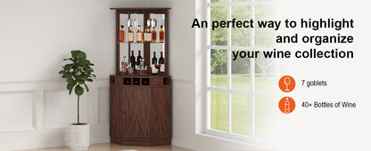 SucceBuy Corner Industrial Bar Cabinet Wine Table for Liquor & Glasses Sideboard Buffet Cabinet with Glass Holder Black Walnut