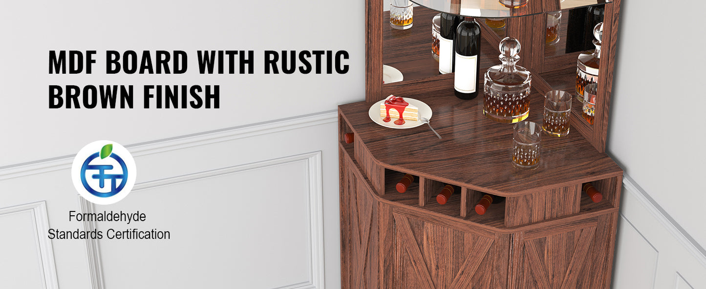 SucceBuy Corner Industrial Bar Cabinet Wine Table for Liquor & Glasses Sideboard Buffet Cabinet with Glass Holder Black Walnut