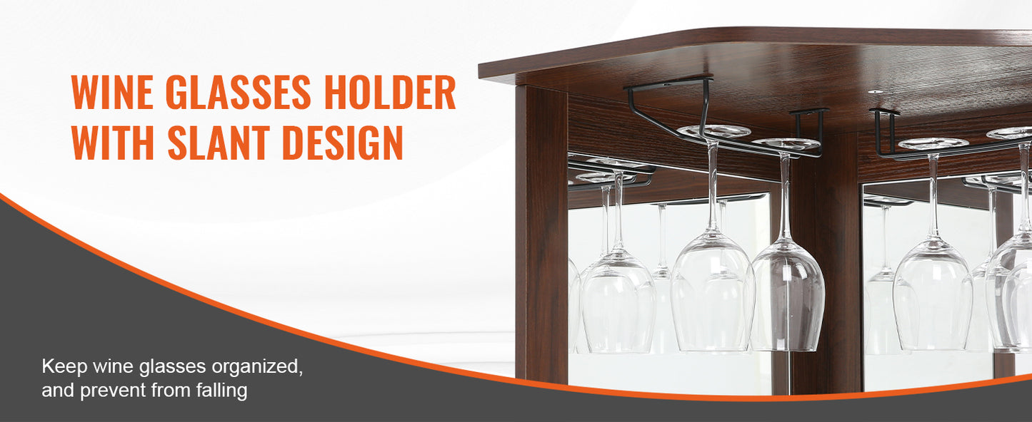 SucceBuy Corner Industrial Bar Cabinet Wine Table for Liquor & Glasses Sideboard Buffet Cabinet with Glass Holder Black Walnut