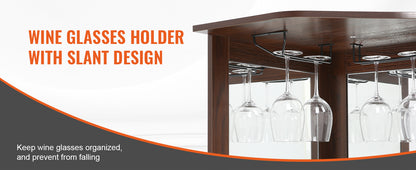 SucceBuy Corner Industrial Bar Cabinet Wine Table for Liquor & Glasses Sideboard Buffet Cabinet with Glass Holder Black Walnut